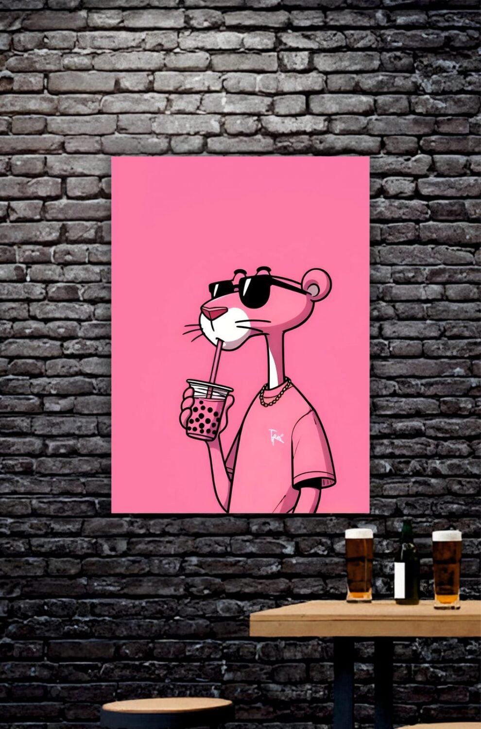 Pink Panther Drinking Boba Poster